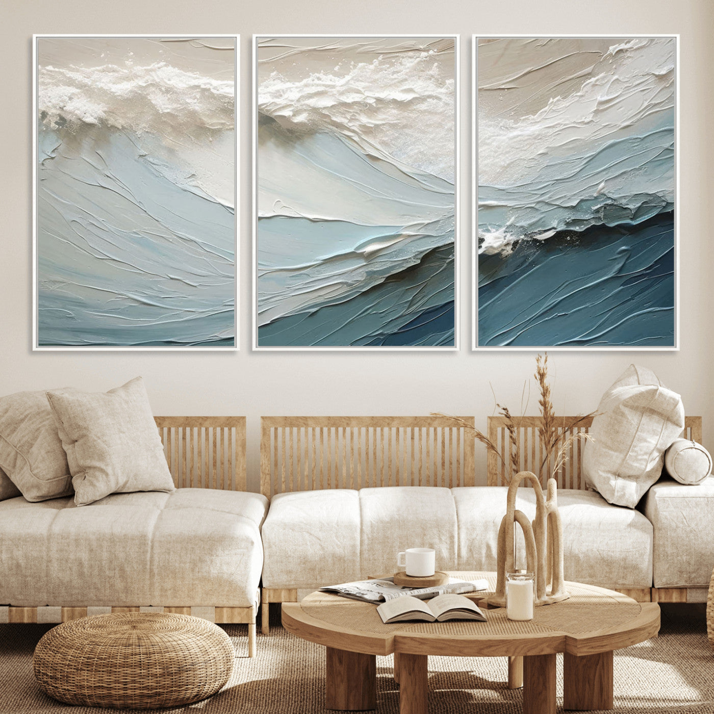 Textured canvas of ocean waves in soft coastal blues and creamy whites, ideal for modern or minimalist coastal-style interiors.