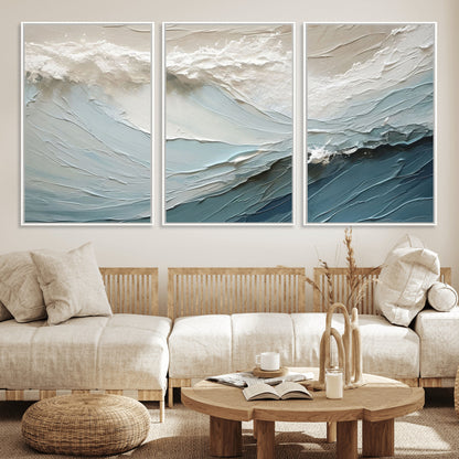 Textured canvas of ocean waves in soft coastal blues and creamy whites, ideal for modern or minimalist coastal-style interiors.