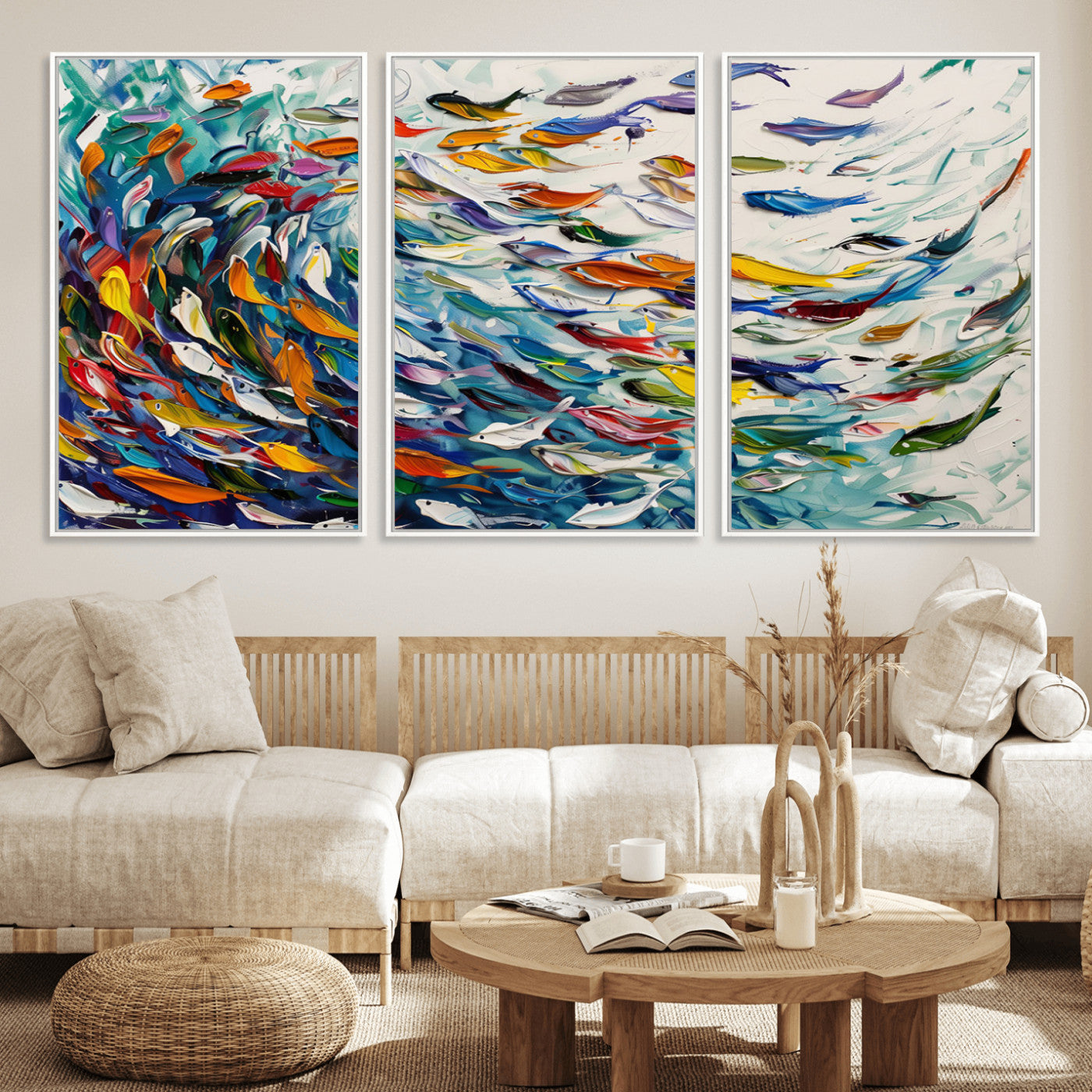 Vibrant canvas art of swirling colorful fish in motion, ideal for modern coastal or ocean-inspired home decor.