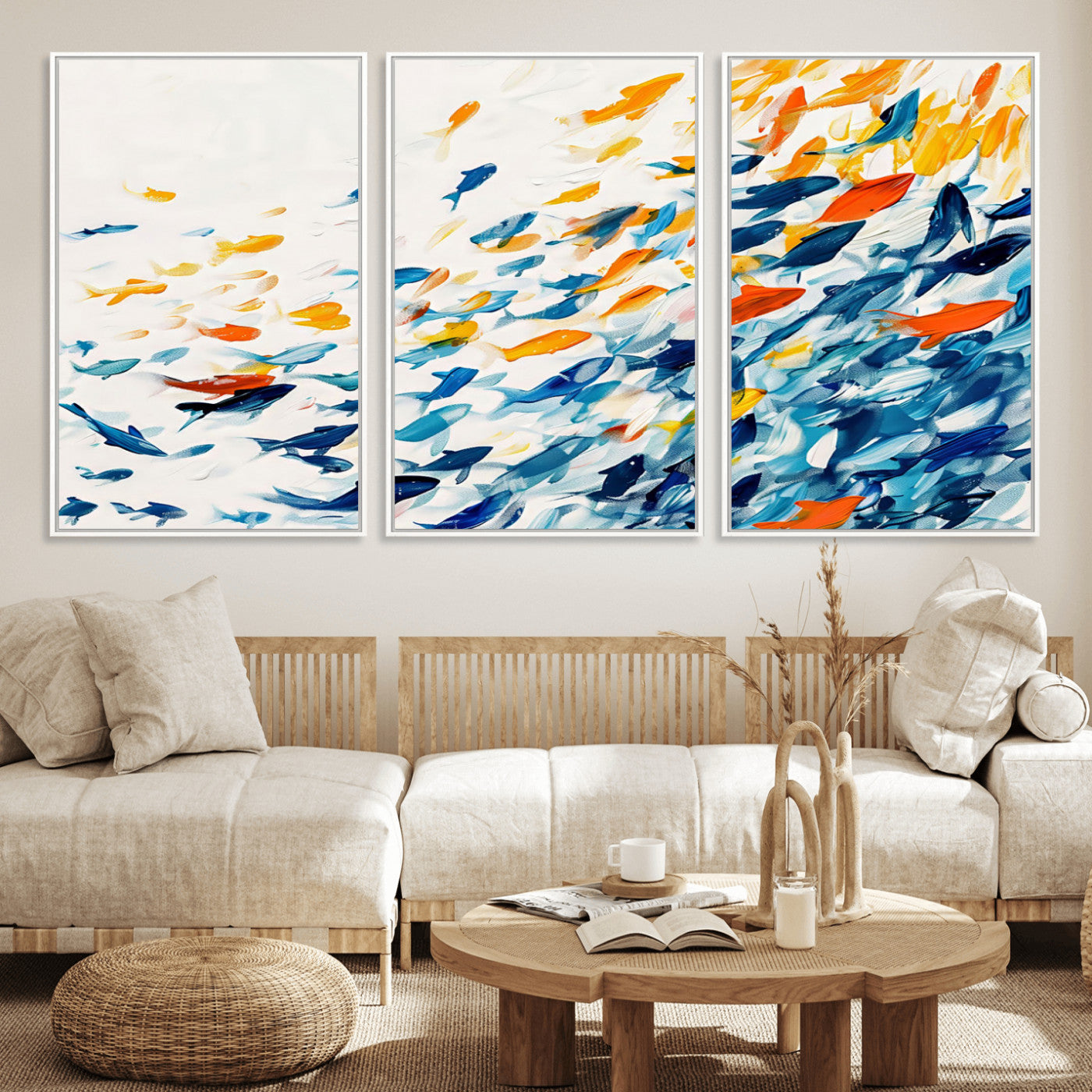 A modern abstract canvas featuring a dynamic school of colorful fish in blue, orange, and yellow tones, ideal for coastal or contemporary decor.