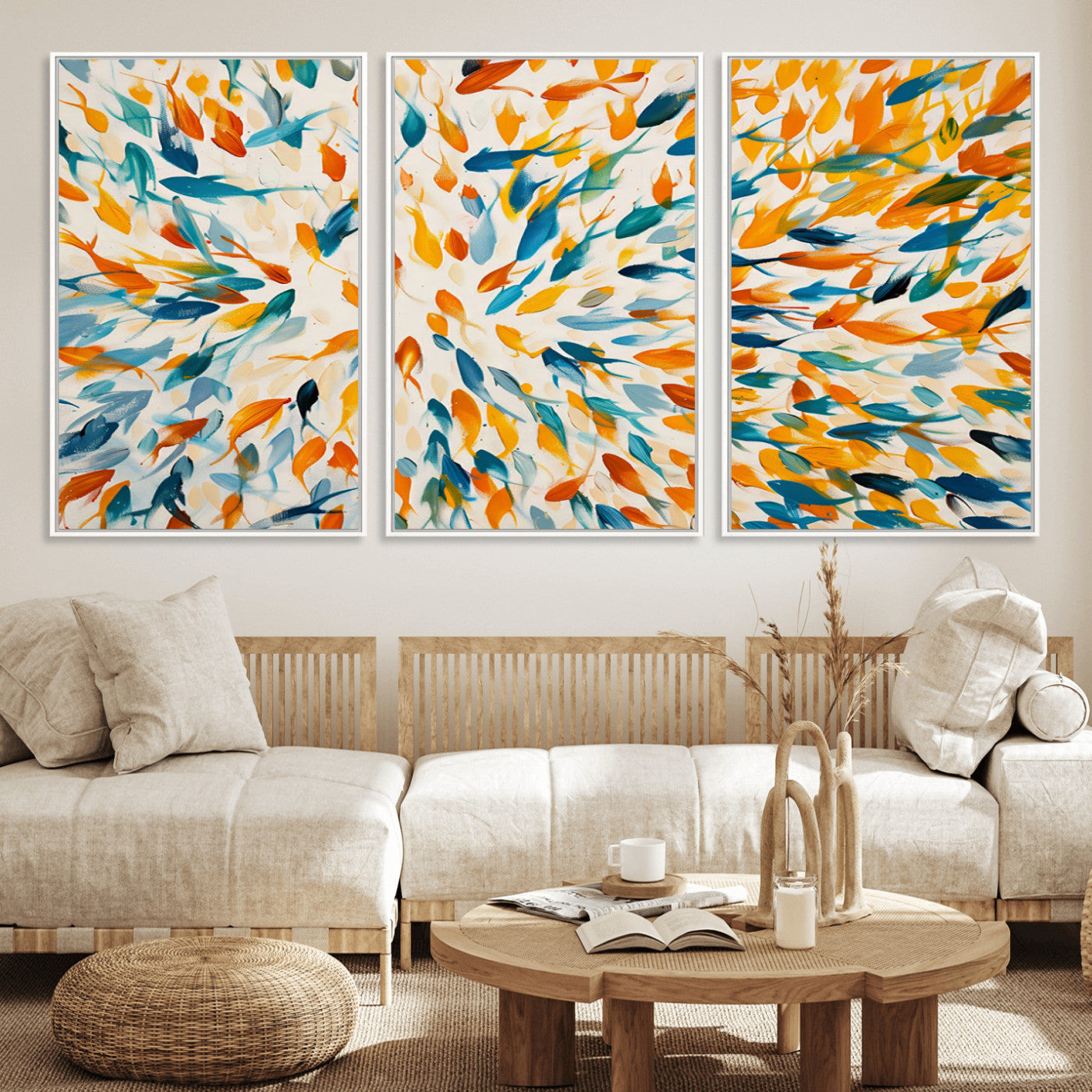 Vibrant abstract canvas of swirling blue and orange fish-like forms, perfect for coastal or playful marine-themed home decor.