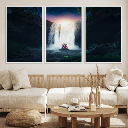 Romantic scene of Stitch and Angel sitting under a leaf in front of a glowing waterfall, ideal for tropical or fantasy-themed decor.