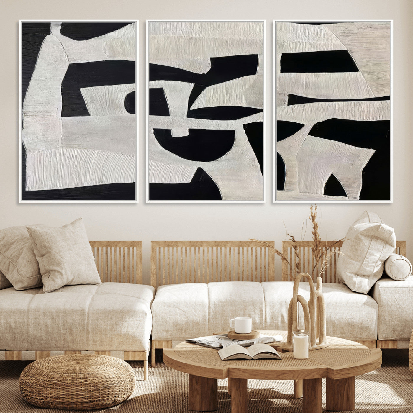 Minimalist black and white canvas featuring bold abstract textures and geometric shapes, ideal for modern neutral decor.