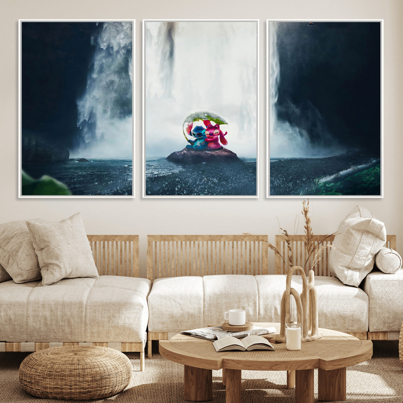 Fantasy canvas of Stitch and Angel under a leaf umbrella in front of a dramatic waterfall, perfect for moody jungle-themed or animated decor.