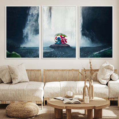 Fantasy canvas of Stitch and Angel under a leaf umbrella in front of a dramatic waterfall, perfect for moody jungle-themed or animated decor.