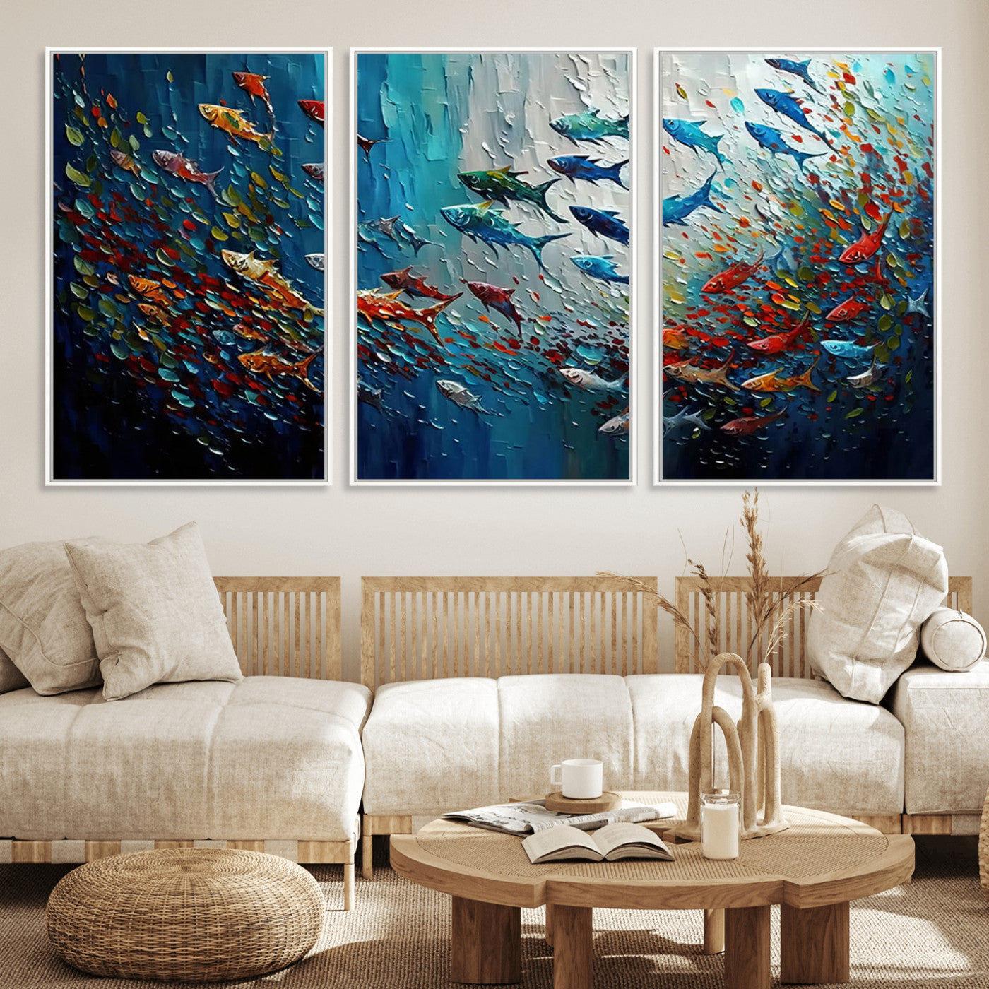 Colorful painting of fish swimming in abstract ocean swirls, perfect for vibrant marine-themed or expressive coastal home decor.