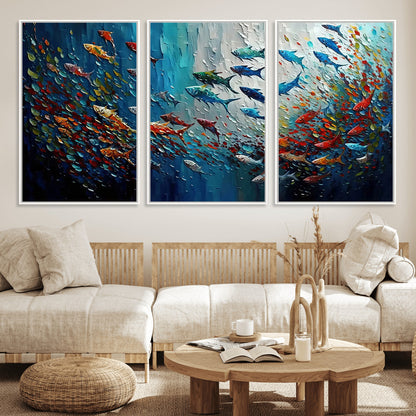 Colorful painting of fish swimming in abstract ocean swirls, perfect for vibrant marine-themed or expressive coastal home decor.