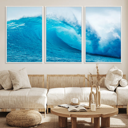 Vibrant canvas of a powerful curling ocean wave in tropical blue tones, perfect for coastal or surf-inspired decor settings.
