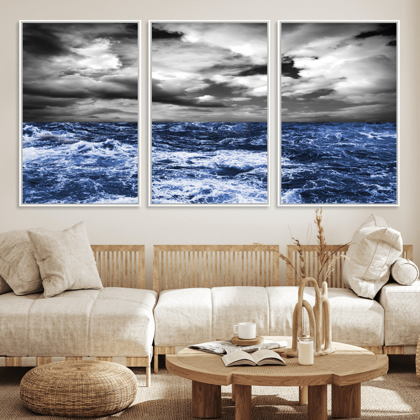 Moody canvas wall art of a stormy ocean under a dramatic black-and-white sky, perfect for bold or coastal-style interiors.