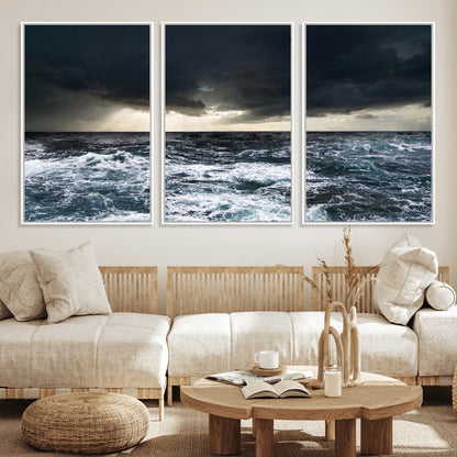 Moody ocean scene with stormy skies and crashing waves, perfect for dramatic or coastal-style home wall decor.
