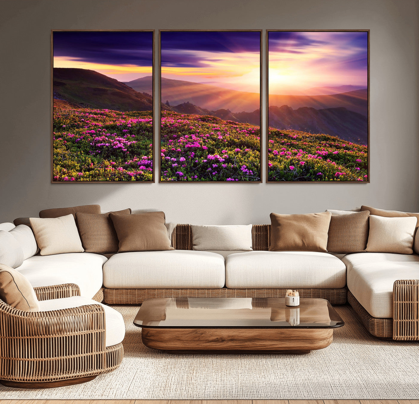-Mountain Sunrise Wall Art – Vibrant Floral Landscape Canvas Print, Nature Home Decor for Living Room, Bedroom Office or Cabin