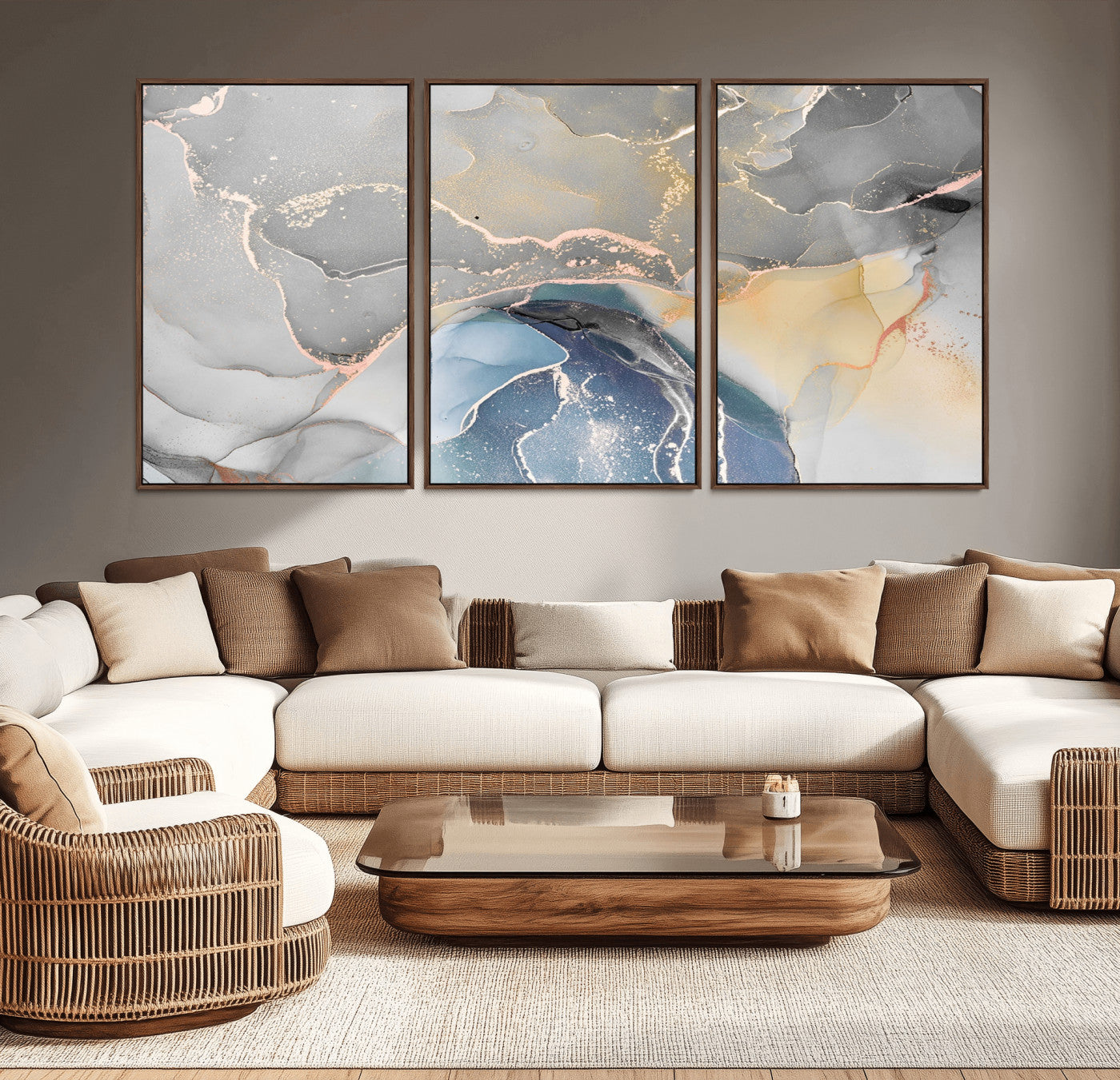 -Abstract Fluid Art Wall Decor – Blue, Gray & Gold Canvas Print, Modern Home and Office Wall Art Decor for Living Room, Bedroom or Workspace