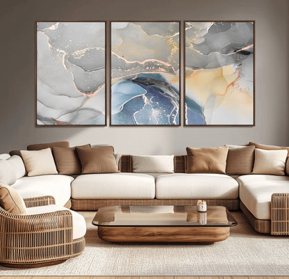 -Abstract Fluid Art Wall Decor – Blue, Gray & Gold Canvas Print, Modern Home and Office Wall Art Decor for Living Room, Bedroom or Workspace
