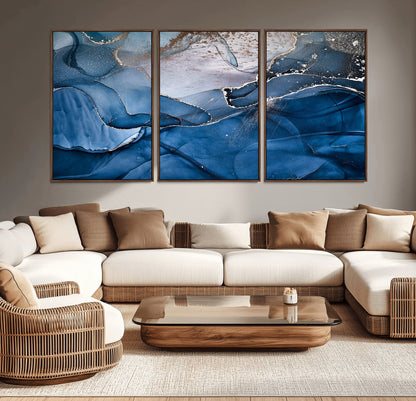 -Abstract Blue Gold Fluid Art Wall Decor – Modern Canvas Print, Elegant Home & Office Wall Art, Stylish Living Room or Bedroom Decoration