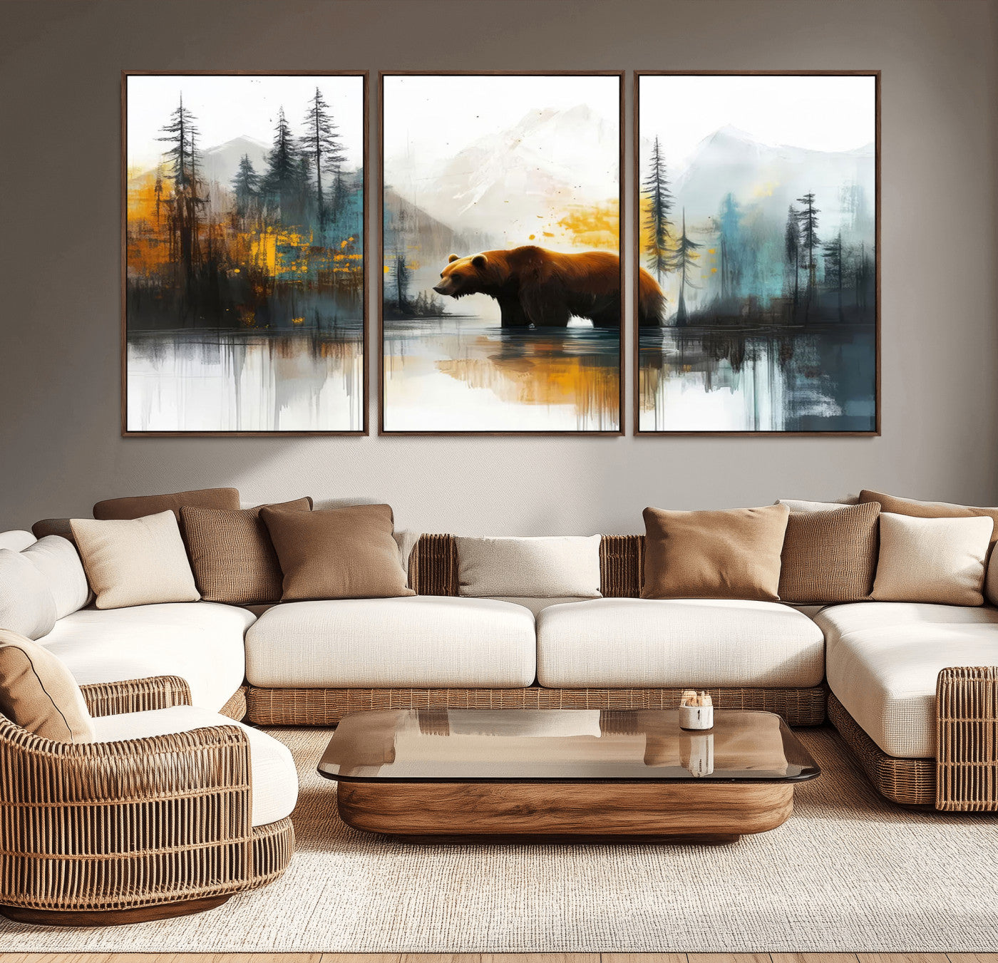 A majestic bear stands by the serene waters of a misty forest, surrounded by towering trees and distant mountains, evoking the raw beauty and wild spirit of nature.
