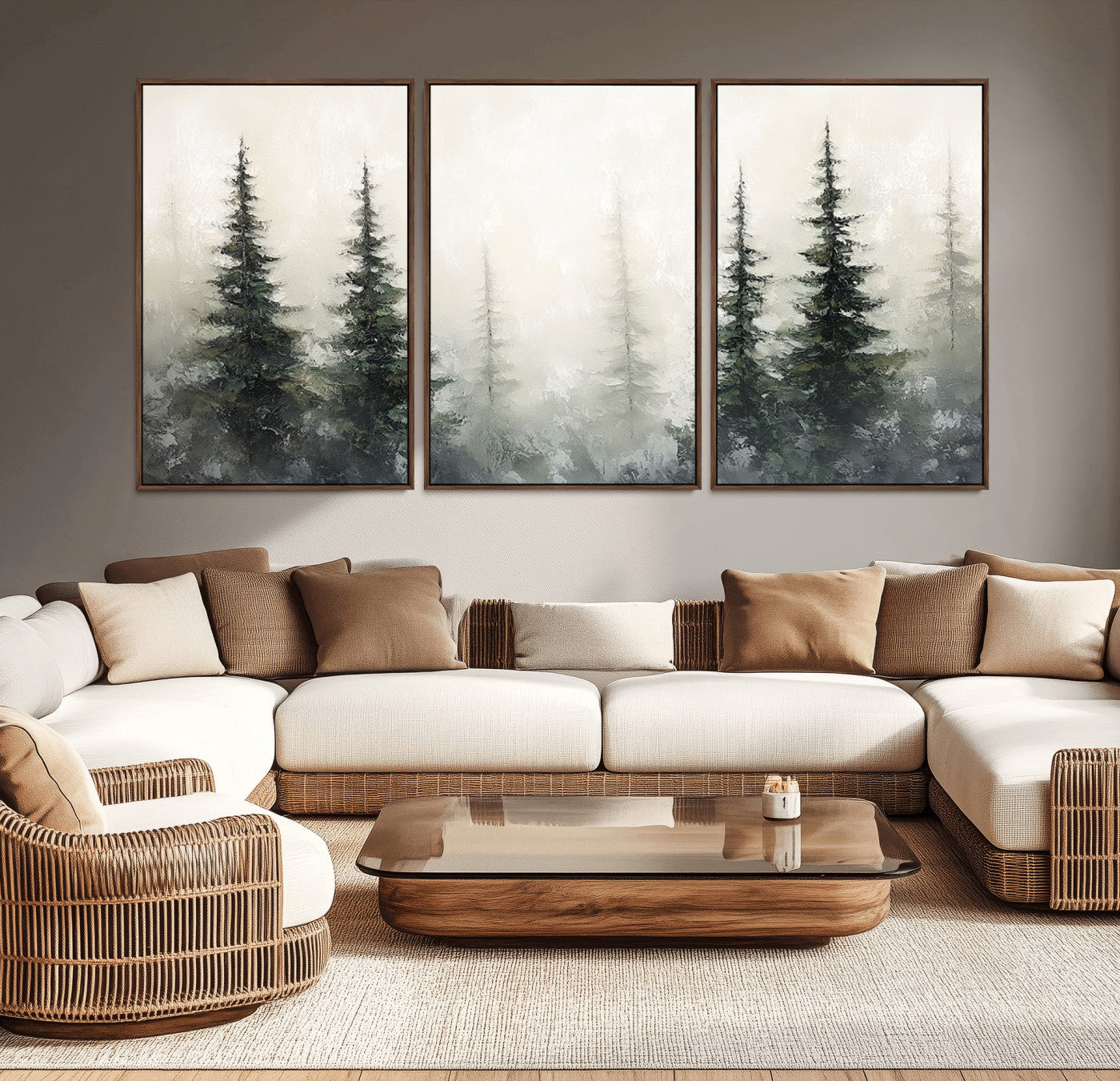 Soft and misty pine forest painting in neutral earthy tones, ideal for calm woodland or minimalist rustic home decor.