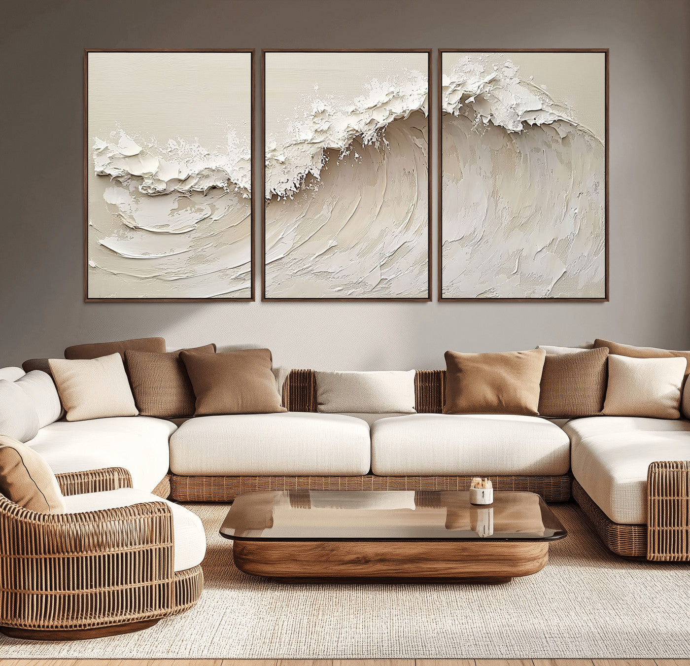 Textured canvas of an abstract white ocean wave in neutral tones, ideal for modern coastal or minimalist home decor.