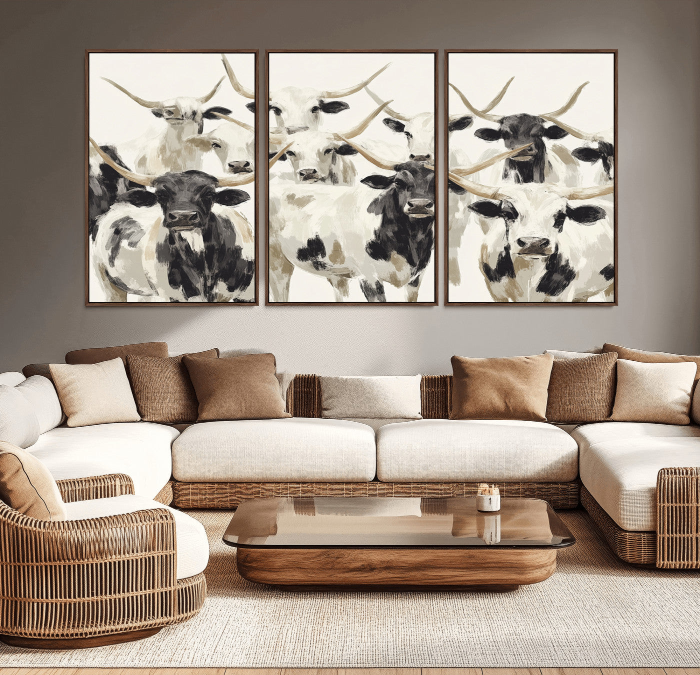 Canvas of a Texas Longhorn cattle herd in neutral black and white tones, ideal for rustic farmhouse or western-themed decor.
