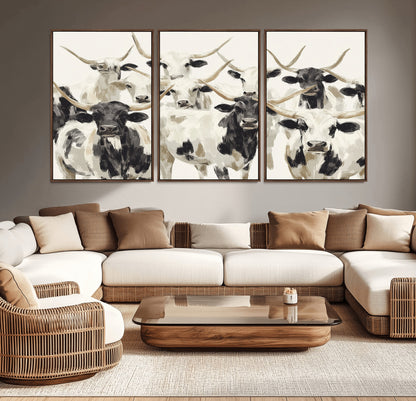 Canvas of a Texas Longhorn cattle herd in neutral black and white tones, ideal for rustic farmhouse or western-themed decor.