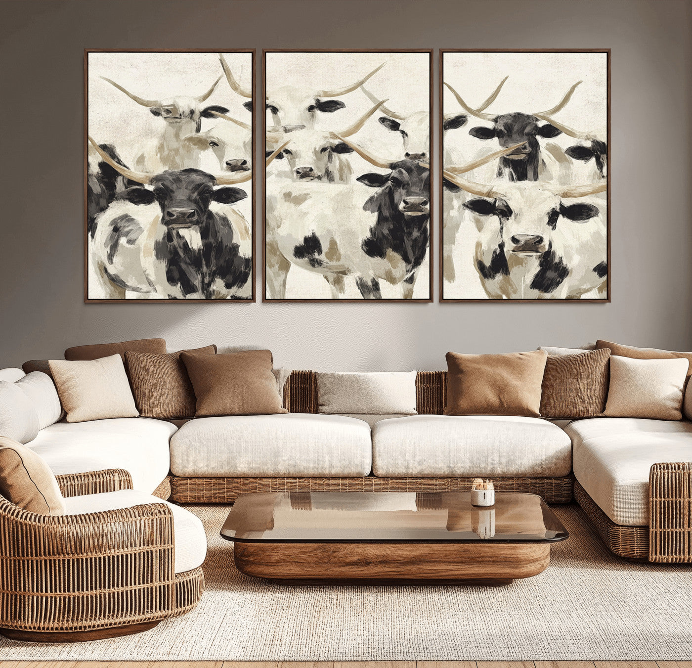Canvas of a Texas Longhorn cattle herd in neutral black and white tones, ideal for rustic farmhouse or western-themed decor.