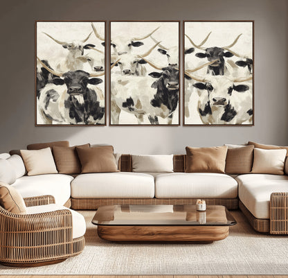 Canvas of a Texas Longhorn cattle herd in neutral black and white tones, ideal for rustic farmhouse or western-themed decor.
