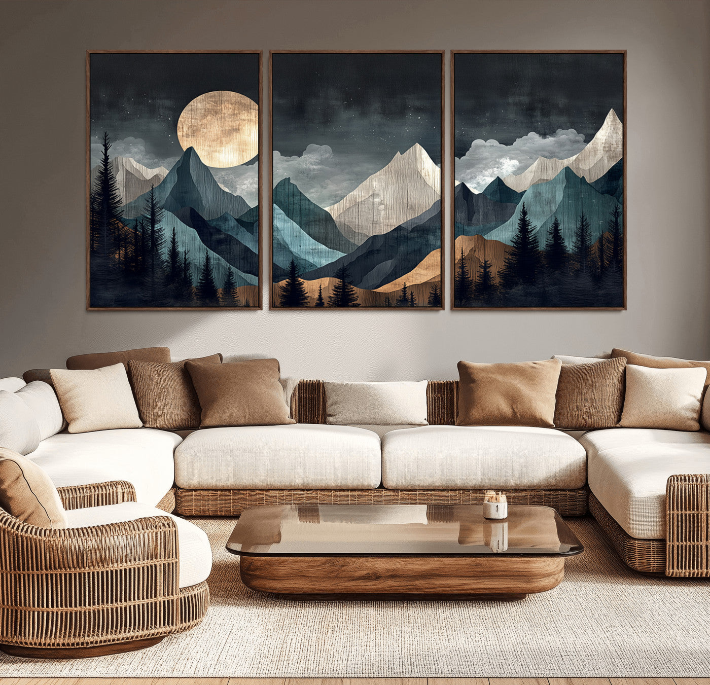 Stylized canvas of layered mountains under a full moon in neutral moody tones, ideal for nature-inspired or modern rustic interiors.