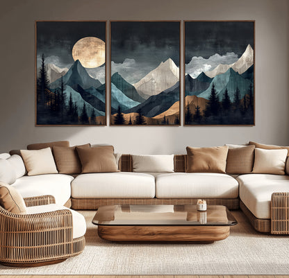 Stylized canvas of layered mountains under a full moon in neutral moody tones, ideal for nature-inspired or modern rustic interiors.