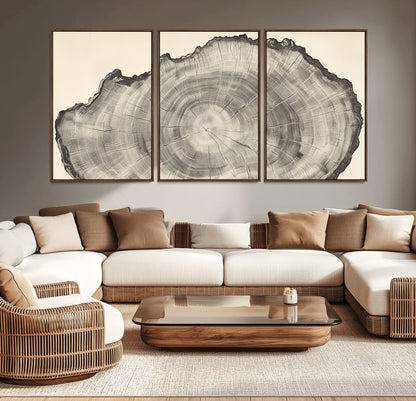 Detailed tree ring drawing in monochrome tones, ideal for rustic or nature-inspired interiors with a minimal decor aesthetic.