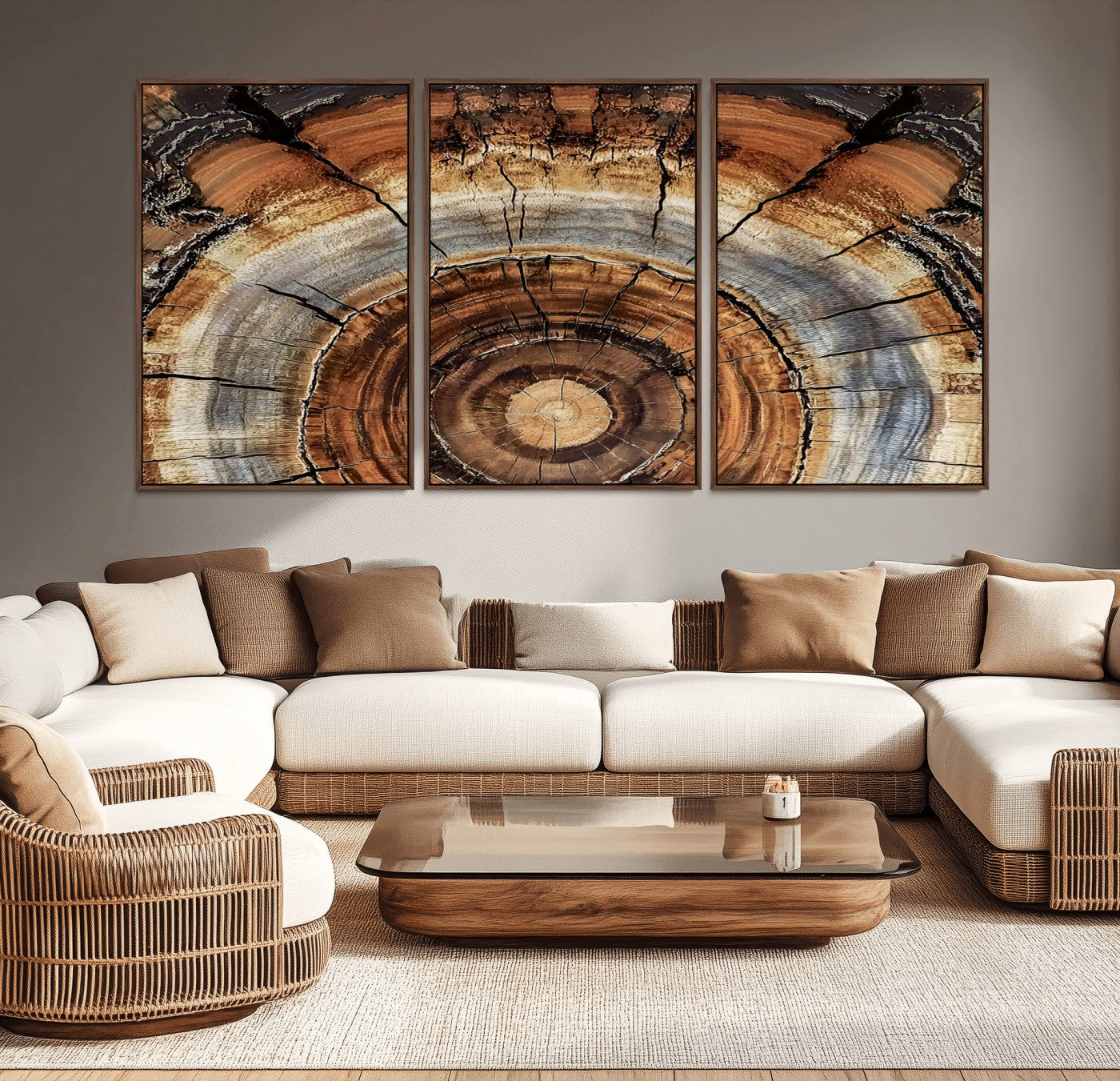 Canvas of tree rings and natural wood grain in earthy tones, ideal for rustic or vintage-inspired home decor with organic textures.