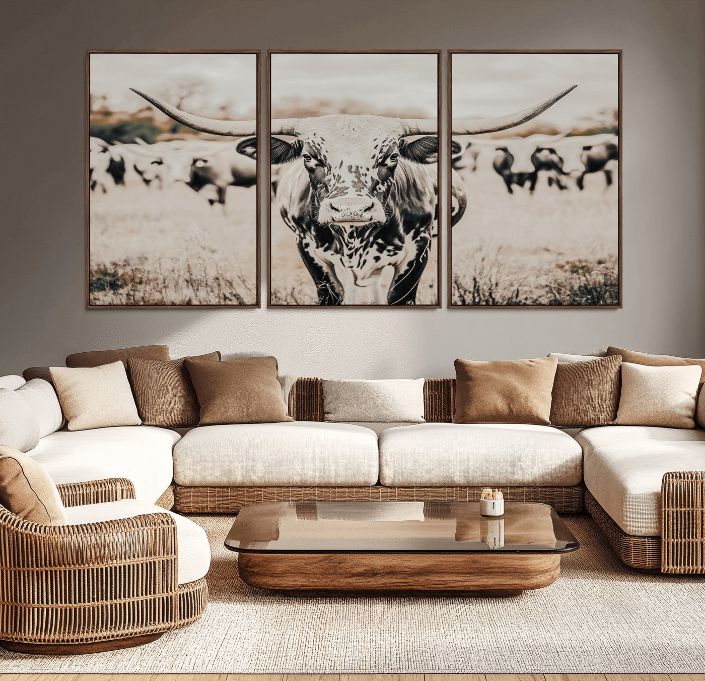 Canvas of a speckled Texas longhorn standing boldly in a field with a herd behind, perfect for rustic western or farmhouse wall decor.