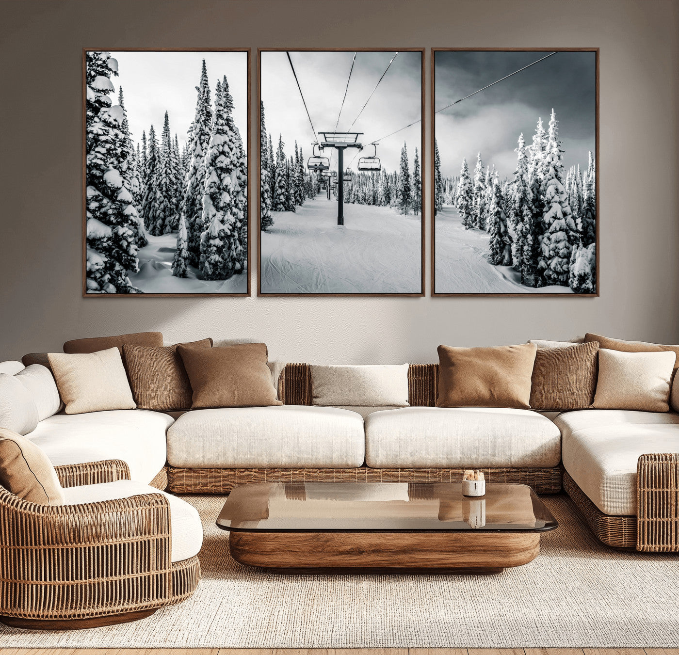 Canvas of a snowy ski lift scene through a forest of tall pine trees, ideal for moody winter or alpine-themed home decor.