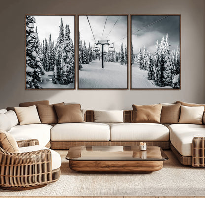 Canvas of a snowy ski lift scene through a forest of tall pine trees, ideal for moody winter or alpine-themed home decor.