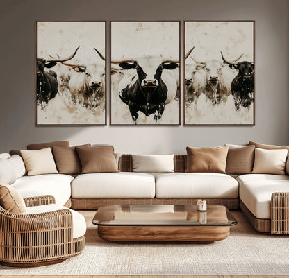 Illustrated herd of longhorn cattle in black and white tones with a neutral textured background, perfect for rustic or farmhouse-style decor.
