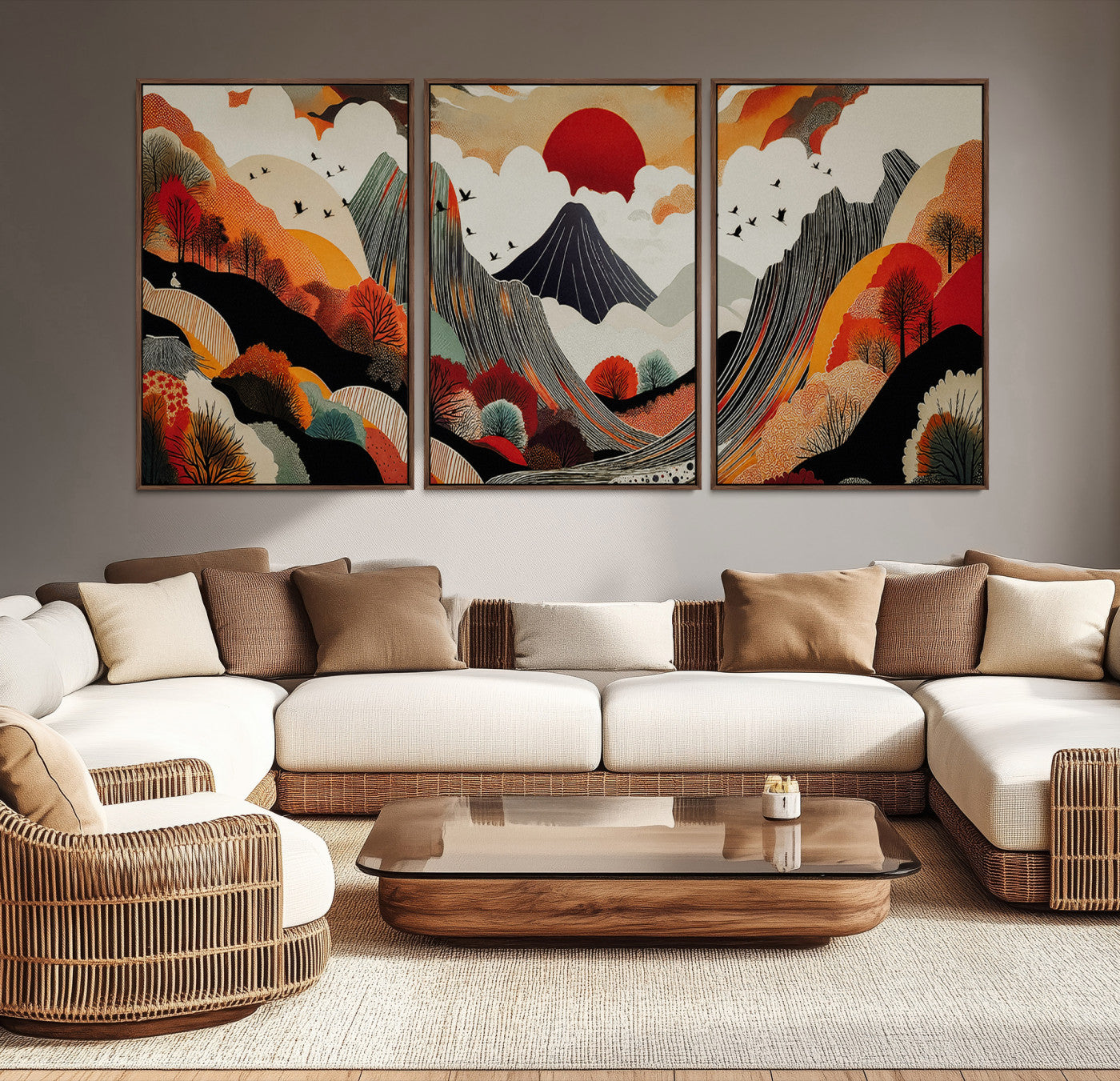 Abstract Mountain Wall Art Canvas Print, Vibrant Landscape Print, Framed Stylized Nature Drawing Art Print, Large Sunset Mountains Printing Perfect for Contemporary Minimalist Decor