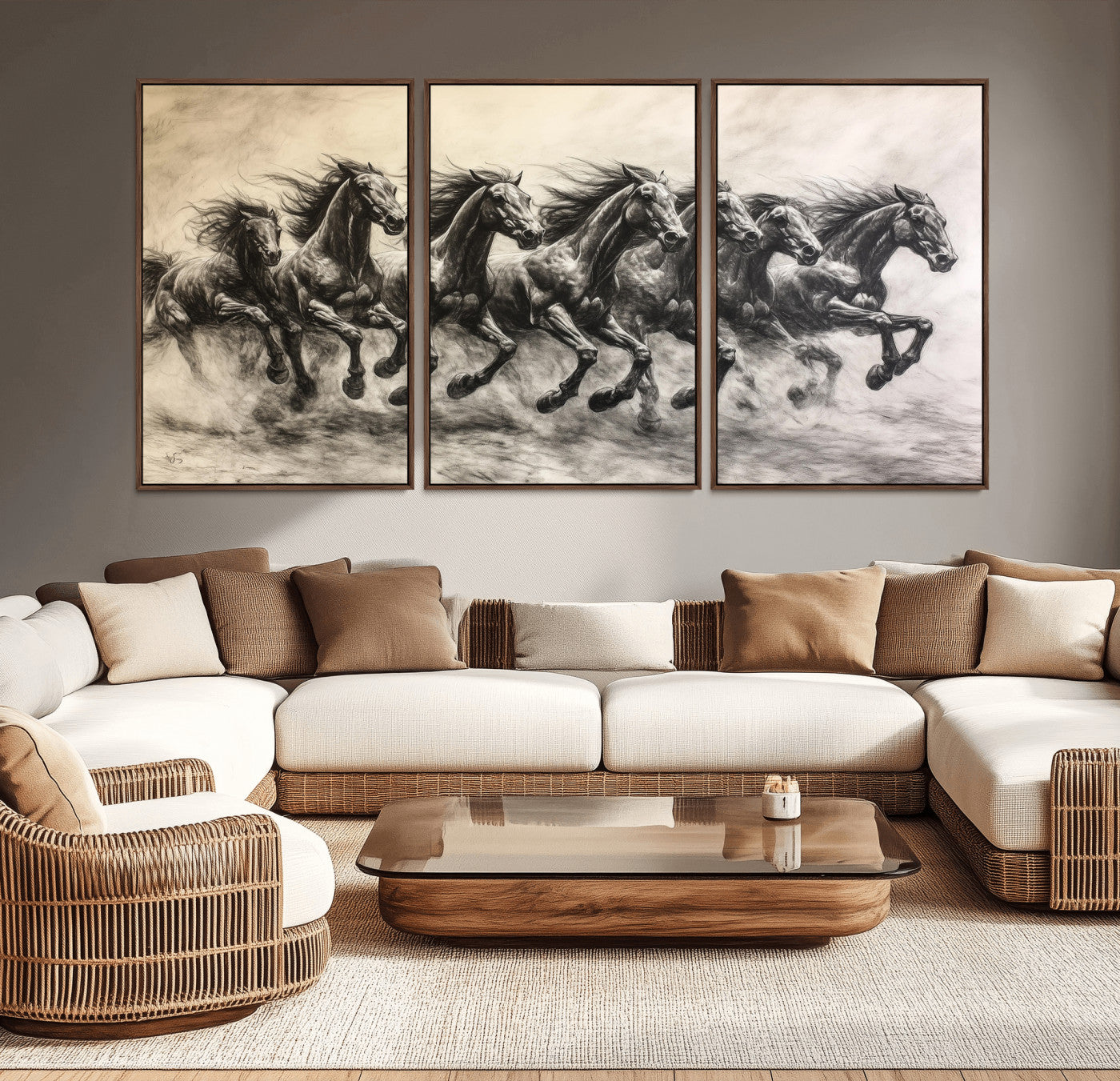 Monochrome drawing of a herd of galloping horses, perfect for dynamic and wild-themed decor in any equestrian or nature-inspired room.