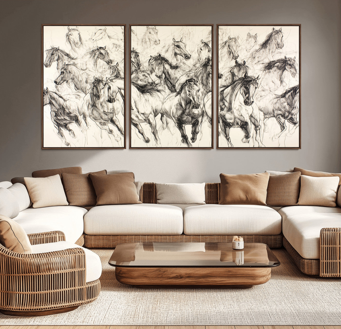 Monochrome ink sketch of galloping horses in dynamic motion, perfect for western or equine-themed wall decor with bold artistic energy.