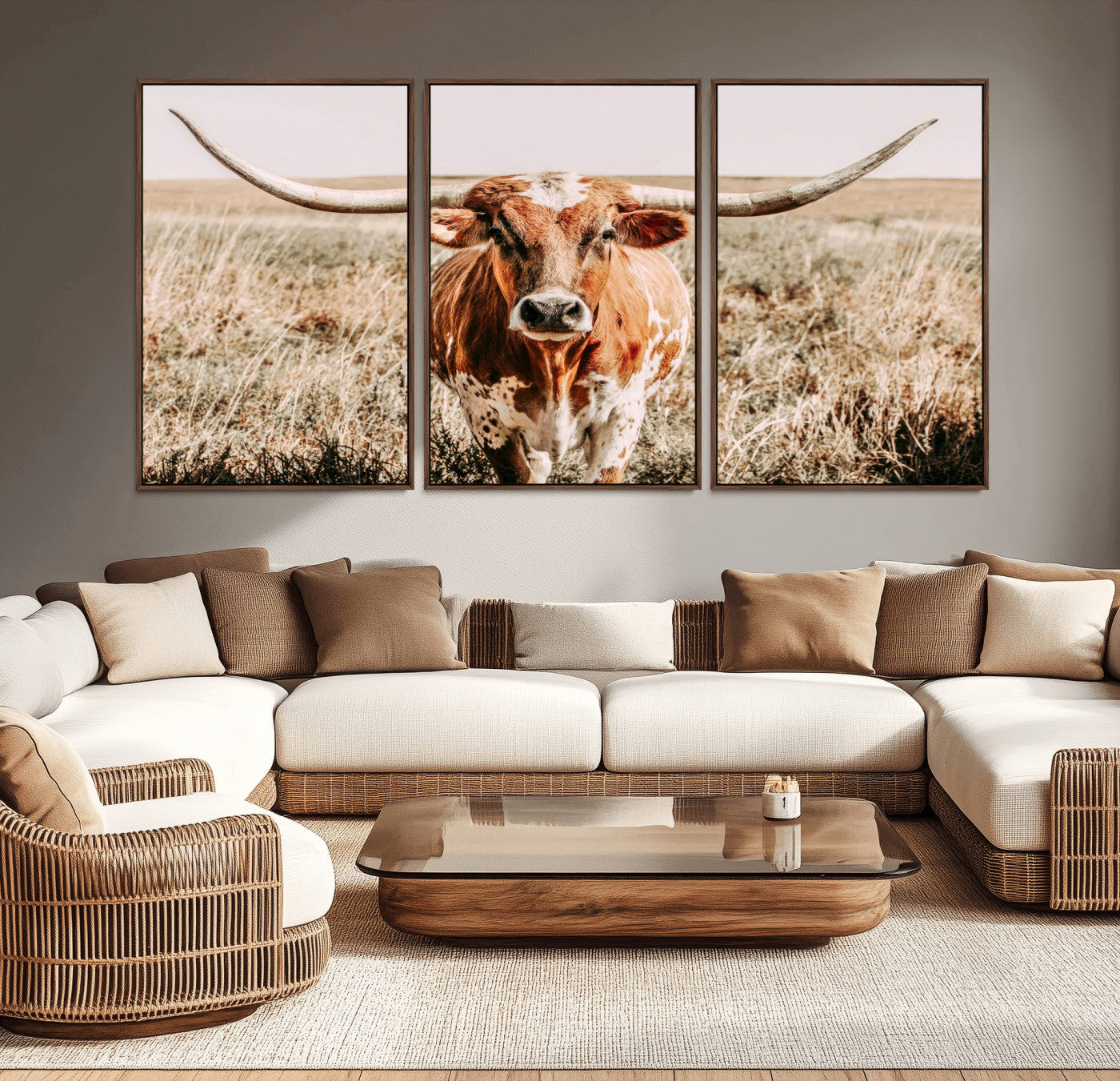 Framed longhorn cow canvas wall art with rustic prairie background, western animal print perfect for farmhouse or ranch style decor