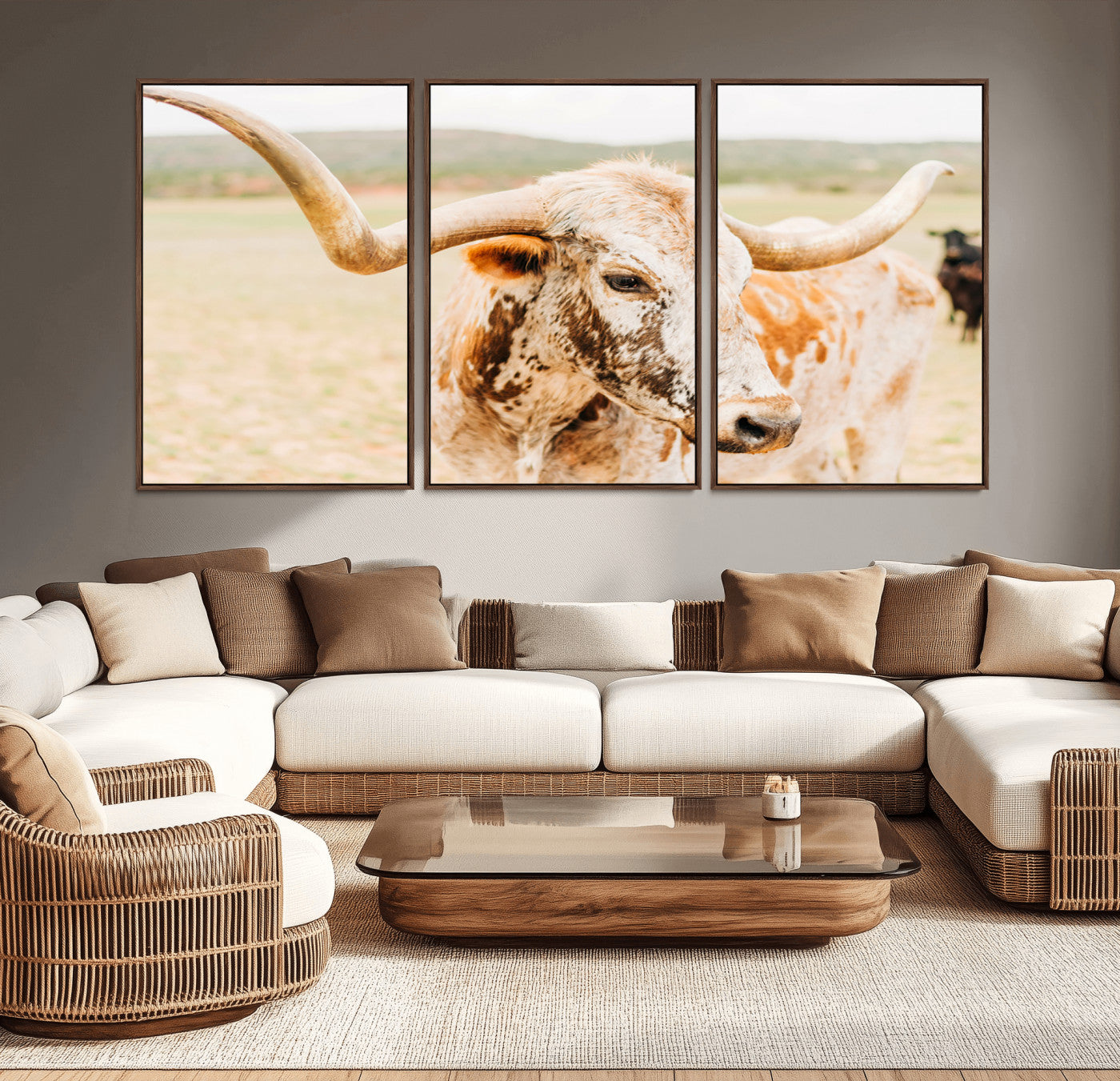 Close-up of a speckled Texas Longhorn in warm prairie tones, perfect for rustic western or countryside-themed room decor.