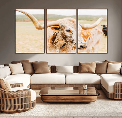 Close-up of a speckled Texas Longhorn in warm prairie tones, perfect for rustic western or countryside-themed room decor.