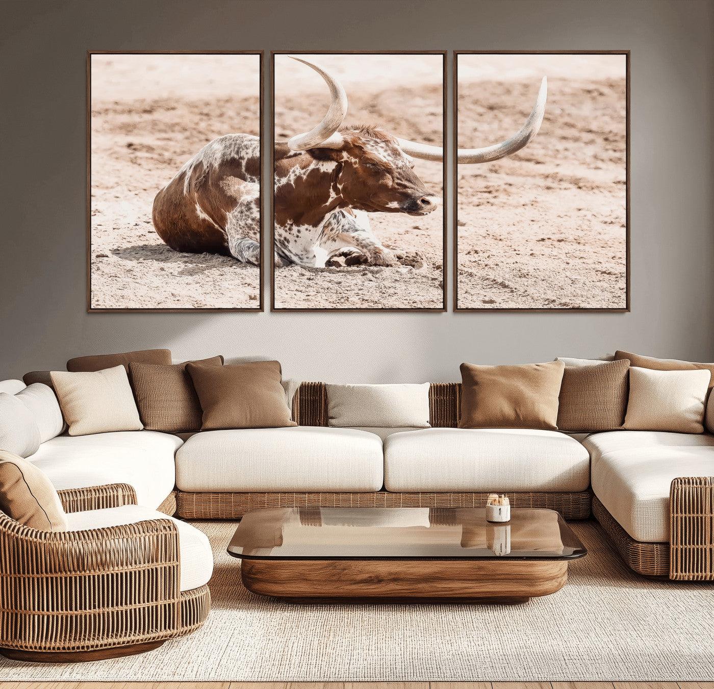Texas Longhorn bull resting on dusty ground with warm tones, ideal for rustic western or farmhouse-themed wall decor.