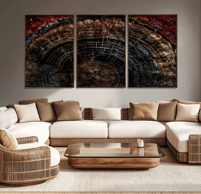Dark Wood Wall Art Print - Petrified Tree Canvas Print, featuring an intricate tree ring pattern with deep earthy tones and organic textures, perfect for rustic and nature-inspired decor.