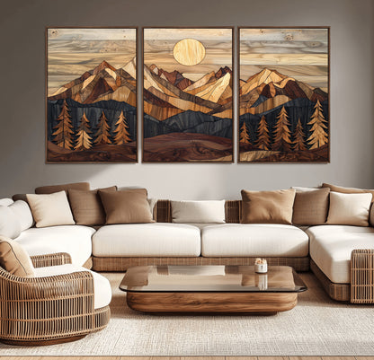 Mountain Landscape Wall Art Print - Sunset Hills Canvas Print, featuring an abstract nature scene with earthy tones and misty peaks, perfect for boho and modern decor.