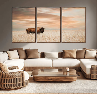 Bison Wall Art Print - Buffalo Canvas Print, featuring a lone bison in a golden prairie under a warm sunset sky, perfect for rustic and farmhouse decor.