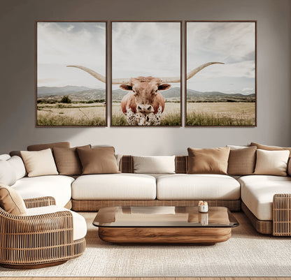 Longhorn Wall Art Print - Western Cow Canvas Print, featuring a majestic Texas longhorn in a rustic prairie setting, perfect for farmhouse and western decor.