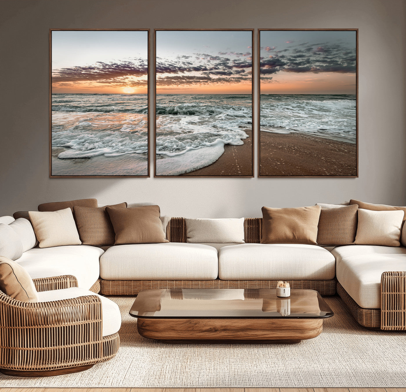 Ocean Sunset Wall Art Print - Beach Waves Canvas Print, featuring a serene seascape with golden sunlight reflecting on gentle waves, perfect for coastal and minimalist decor.
