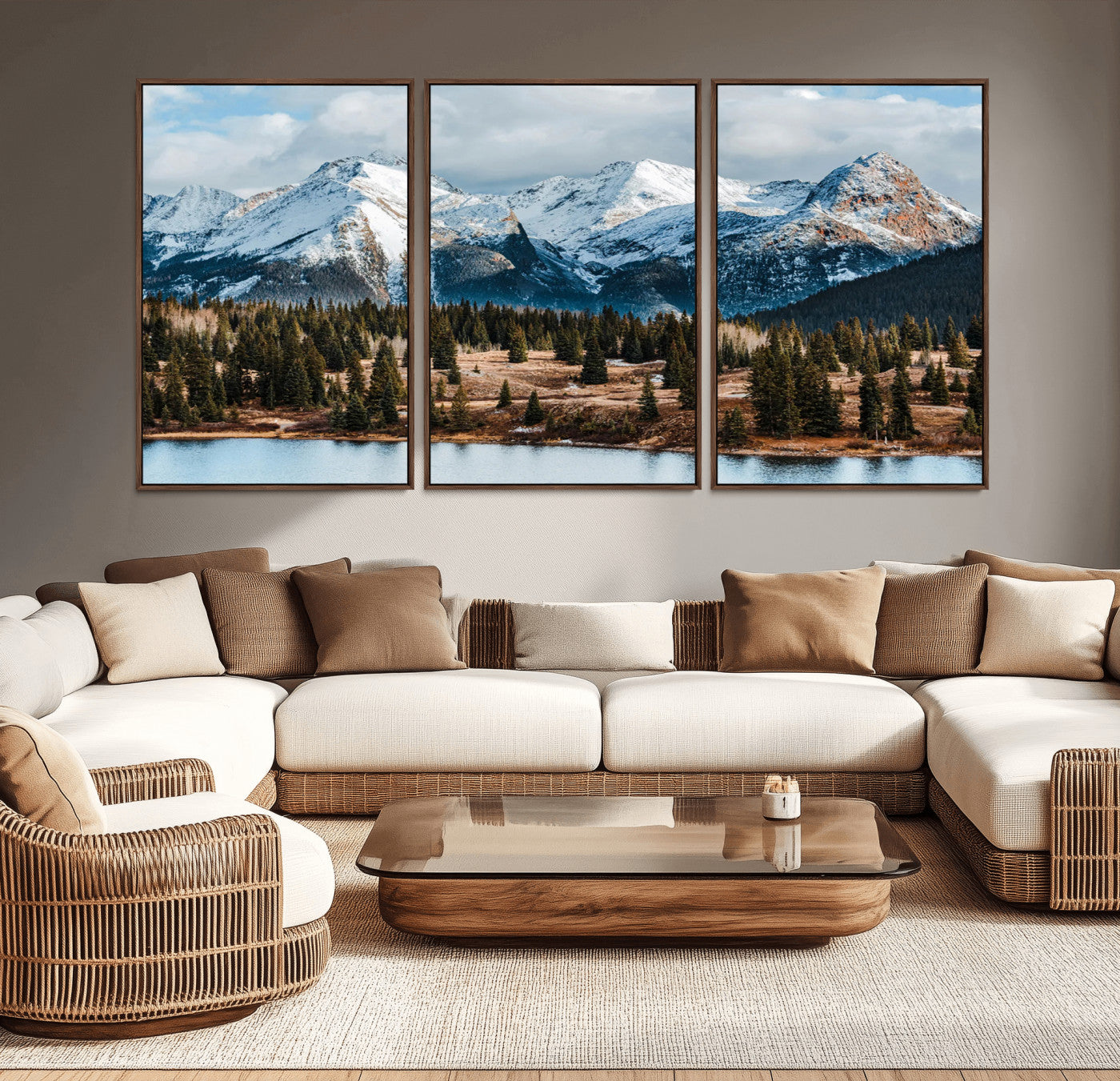 Framed canvas of snowy mountain peaks with pine forest and alpine lake, perfect for winter cabin or wilderness-inspired home decor.
