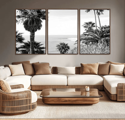 Monochrome canvas of palm trees framing a coastal surf scene, perfect for California-inspired or retro black-and-white beach decor.