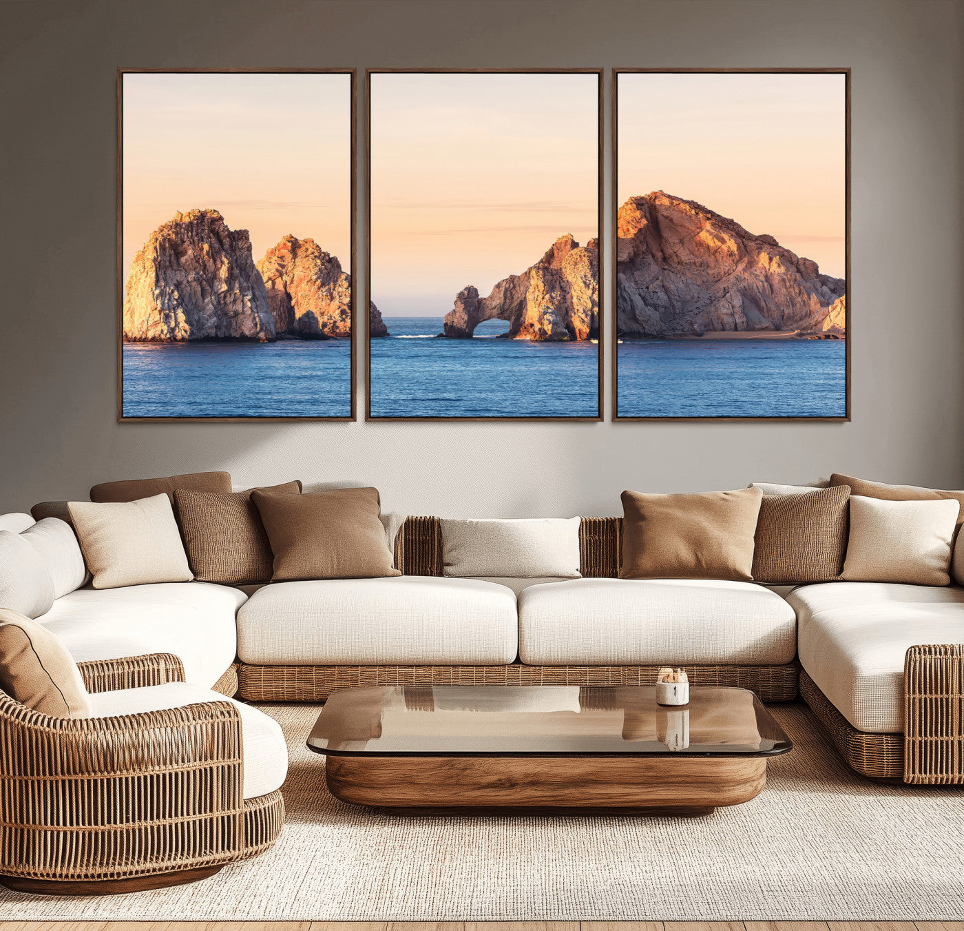 Framed canvas of El Arco rock formation in Cabo San Lucas at golden hour, ideal for coastal landmark or ocean-inspired decor.
