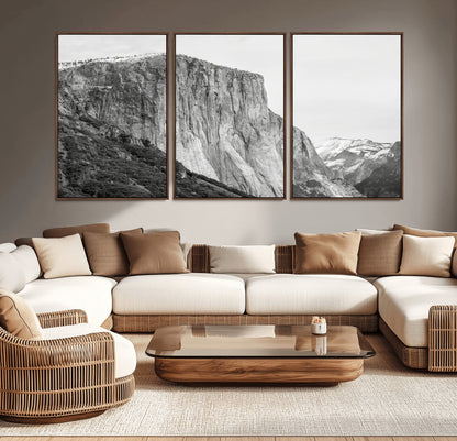 Monochrome canvas of El Capitan’s granite wall in Yosemite with snowy peaks, ideal for dramatic mountain or black-and-white nature decor.