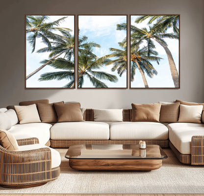 Framed canvas of tall palm trees reaching into a tropical sky, ideal for beach home or relaxed island-inspired wall decor.